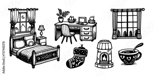 Bedroom home hand drawing vector doodle set. Bedroom house sketch apartment cartoon doodle set