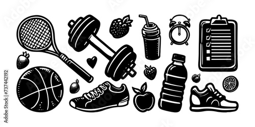 Sport doodle hand drawn vector set. Sketch doodle sport equipment exercise training fit gym set