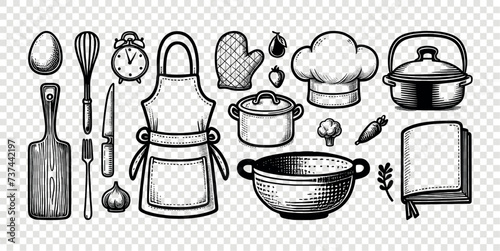 Kitchen cooking tool doodle set. Kitchen restaurant chef kitchenware cooker doodle vector set