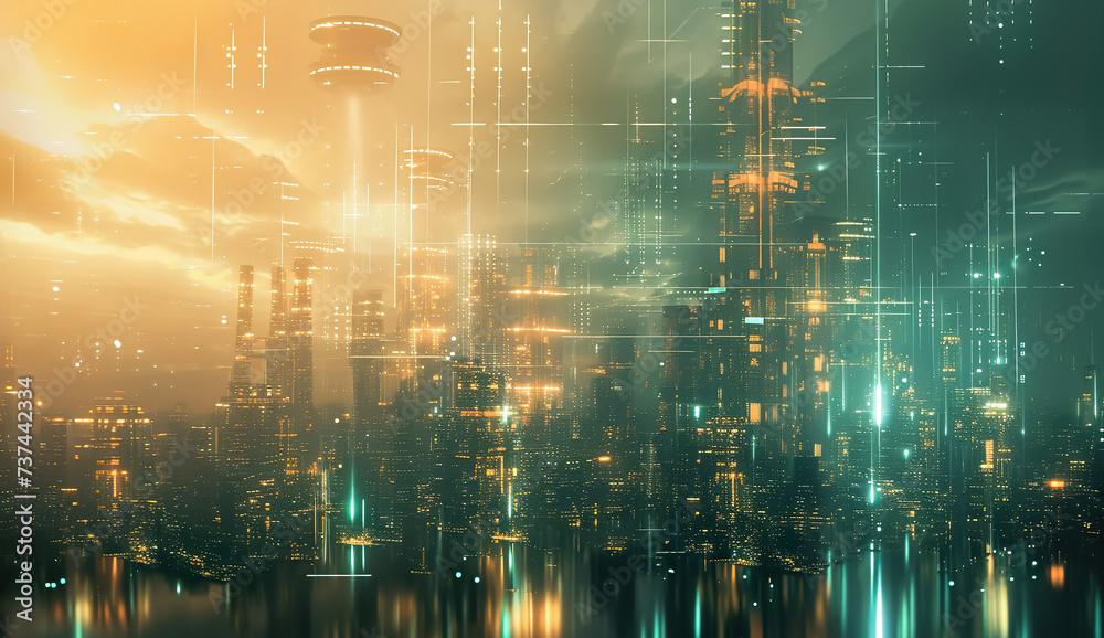 skyline of futuristic electronic night smart city at night, cyberspace and network concept
