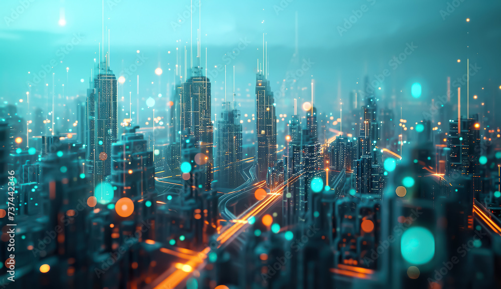 skyline of futuristic electronic night smart city at night, cyberspace and network concept