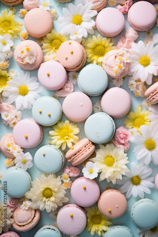 Easter macarons, macarons pattern decorated with spring flowers, pastel colors flat lay