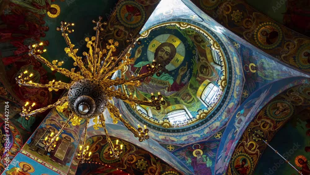 SAINT-PETERSBURG, RUSSIA - JUNE, 2023: Interior stunning architecture of the Church of the Savior on Spilled Blood through a timelapse hyperlapse.