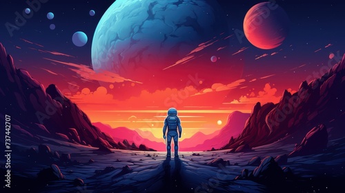 Anastronaut stands on a rocky planet and looks at a colorful space planet. In the background are three planets, two of which are larger and appear to be in the process of colliding.
