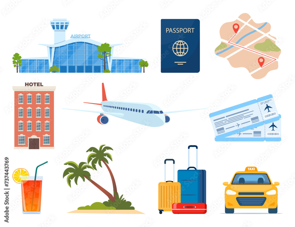 Adventure tourism, travel abroad, summer vacation trip decorative design elements. Set of travel icons. Transport, hotel, baggage, airport. cocktail, palm. Vector illustration.