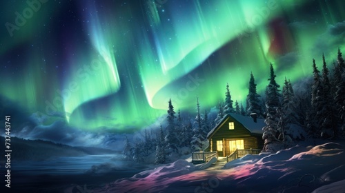 A cozy house located in a winter forest under a sky full of northern lights.