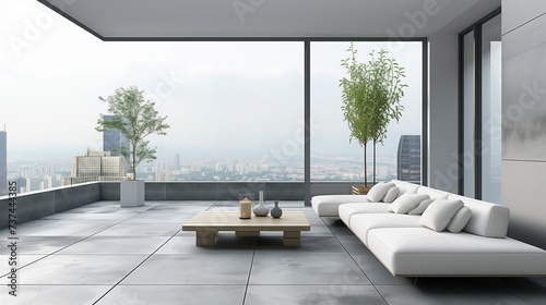 Empty outdoor terrace in a minimalist style with a city view