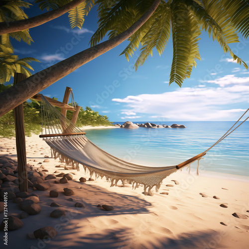 Illustration, tropical climate, hammock on the seashore, sand, palm trees