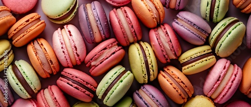 Full frame image of many colorful French macaroons from directly above. banner, background. photo