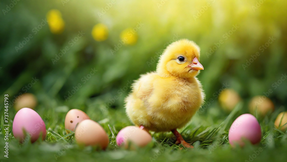 Cute little yellow chicken with easter eggs on green grass.
