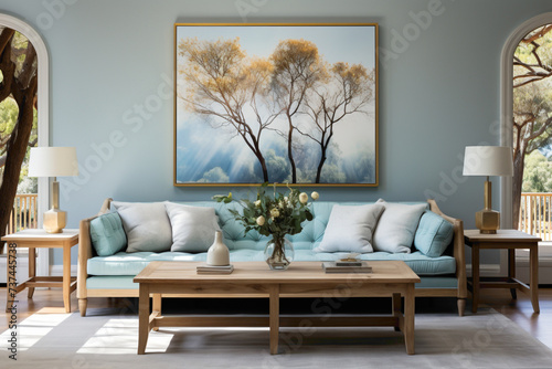 Picture the simplicity of a living room adorned with light blue and aqua sofas surrounding a wooden table. 