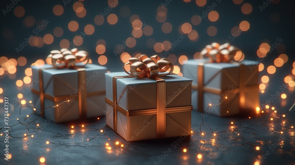 3 beautiful white and gold gift-wrapped packages with glowing dots all around.  3 beaux paquets cadeaux blancs et dorés avec des points lumineux tout autour.  - obrazy, fototapety, plakaty 