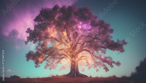 Holographic tree background  warm pastel colors  pink clouds in the sky