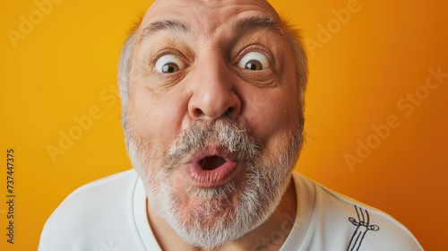 Very expressive old man, making big eyes and opening his mouth against an orange background. Vieil homme très expressif, faisant les gros yeux et ouvrant la bouche.
