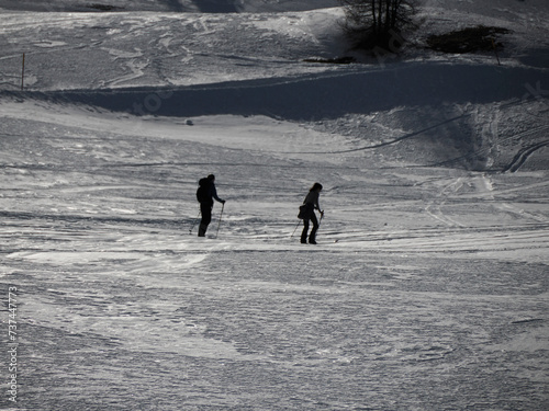 cross-country ski tracks dolomites snow panorama wooden hut val badia armentarola hill