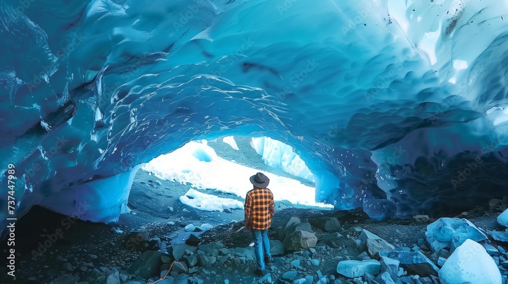 Explorer before the blue abyss, ice cave's majesty dwarfs human presence - obrazy, fototapety, plakaty 