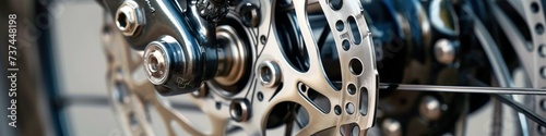 Precision of cycling, close view of disc brake and wheel hub mechanics photo