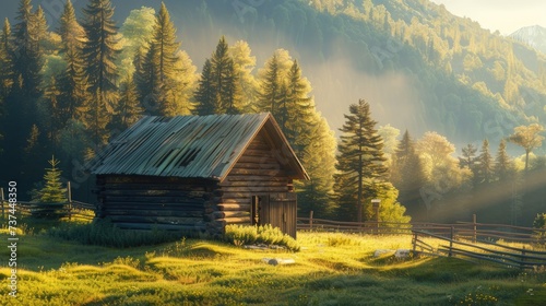 serene landscape surrounding a wooden cabin, focusing on intricate details like the texture of the wood and the play of light and shadows.