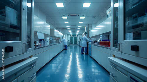 a long hallway in a laboratory with people working in it