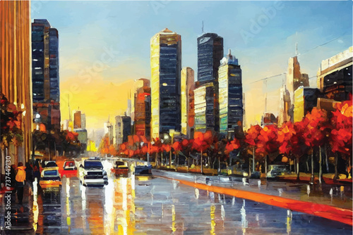 Oil paintings city landscape.  Beautiful city skyline view oil painting. Skyline city view. city landscape painting, background of paint. City landscape with beautiful buildings, roads, and lights. © Usama