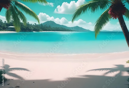 A tropical beach with clear turquoise water, white sand, palm tree branches in the foreground, and mountains in the background