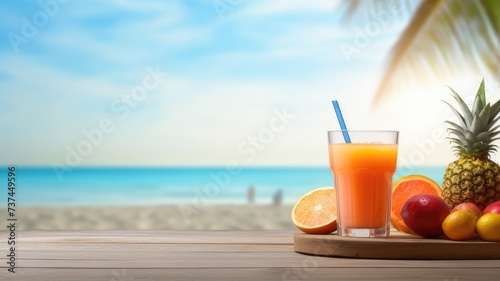 A beach background with a table featuring a tropical fruit and a glass of fruit juice on top and copy space