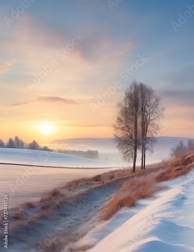Panorama of winter nature landscape at sunrise. Christmas background Generative Ai © Jamshed