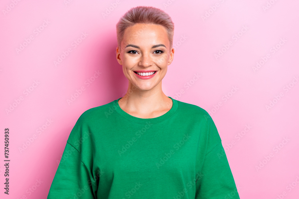 Portrait of gorgeous satisfied glad lady beaming smile good mood isolated on bright pink color background Portrait of gorgeous satisfied glad lady beaming smile good mood isolated on bright pink color background