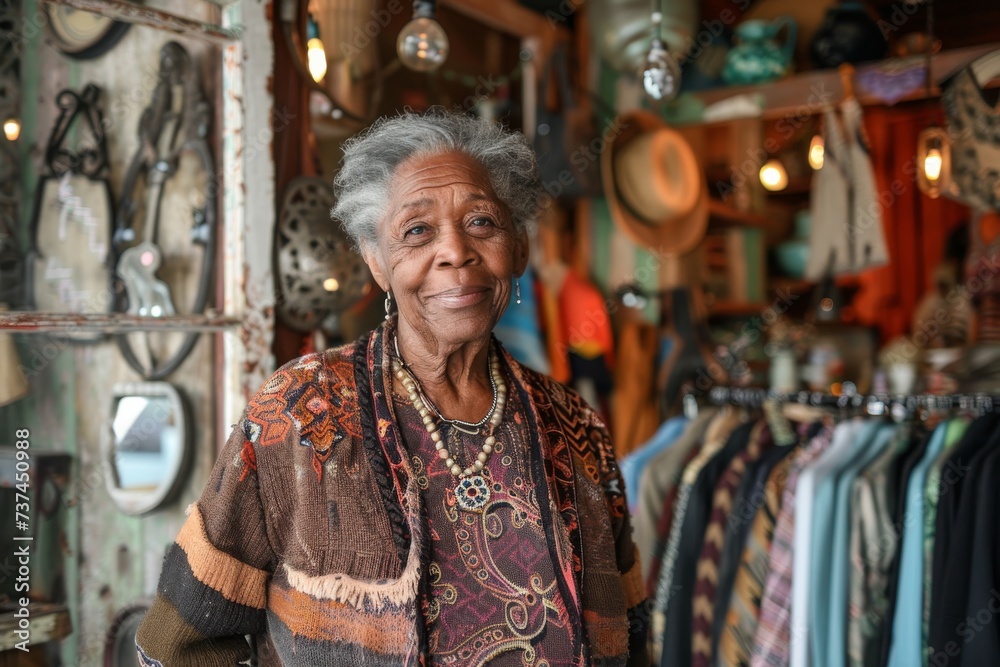 portrait of an old Black lady as a business owner, standing proudly in her own boutique or store - obrazy, fototapety, plakaty 