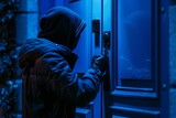Silhouetted Figure in Hoodie Attempting House Break-In at Night, Security and Crime Concept