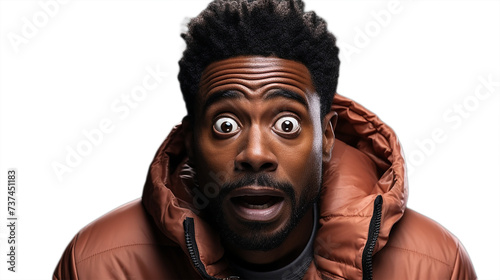 Close-up of an African American man with a scared face on a white or transparent background