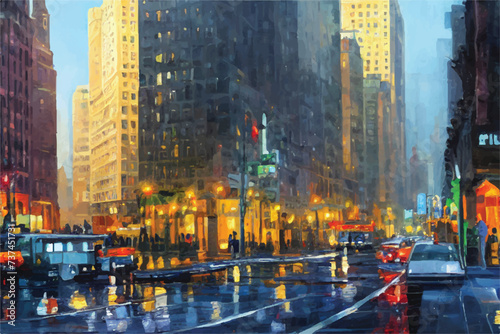 Oil paintings city landscape.  Beautiful city skyline view oil painting. Skyline city view. city landscape painting, background of paint. City landscape with beautiful buildings, roads, and lights. © Usama