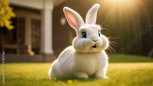 fluffy bunny easter white rabbit on green nature background. Symbol of easter festival.
