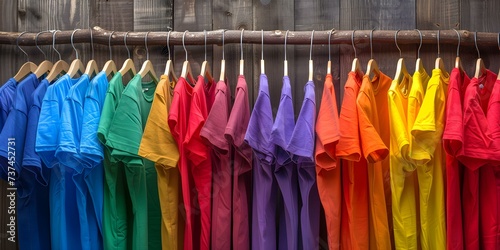A Rainbow of Vibrant-Colored T-Shirts Adorn a Wooden Rack. Concept Colorful T-Shirt Display, Rainbow Apparel, Vibrant Wardrobe, Wooden Rack Showcase, Fashionable Choices