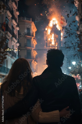 view from behind, a couple view the monument burning up of "las fallas" festivity in Valencia © cff999