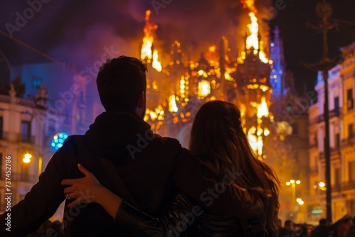 view from behind, a couple view the monument burning up of "las fallas" festivity in Valencia