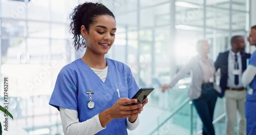 Wallpaper Mural Happy woman, nurse and phone for social media, communication or networking at hospital. Female person or medical employee with smile on mobile smartphone for online chatting app, research or texting Torontodigital.ca