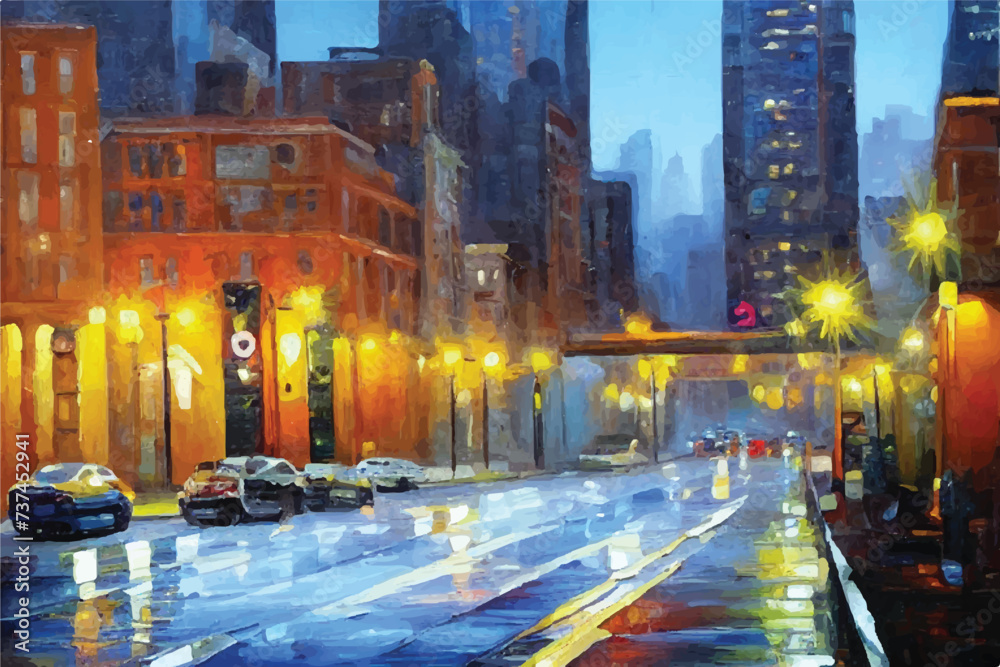 Beautiful city skyline view oil painting. Oil paintings city landscape.  Skyline city view. city landscape painting, background of paint. City landscape with beautiful buildings, roads, and lights.
