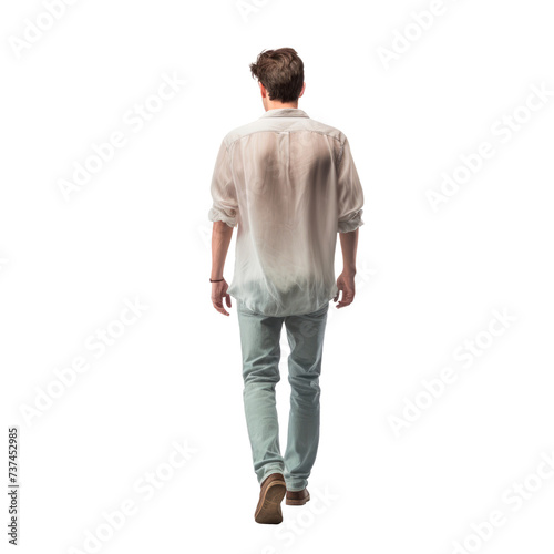 Portrait of a young man walking back. Isolated on transparent background.