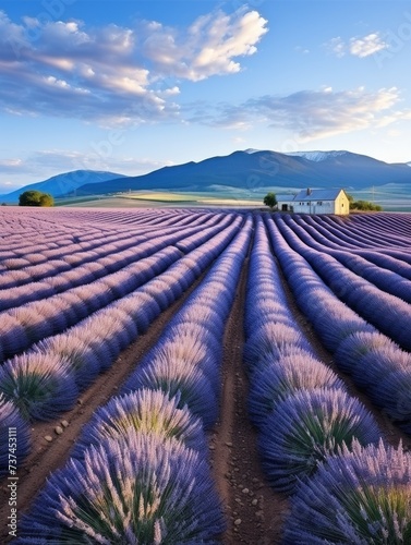 A vast field of lavender flowers in bloom, set against a backdrop of majestic mountains.