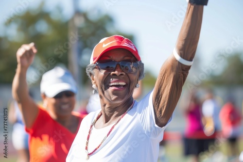 senior Black woman participating in a community sports event, showing competitiveness and enthusiasm