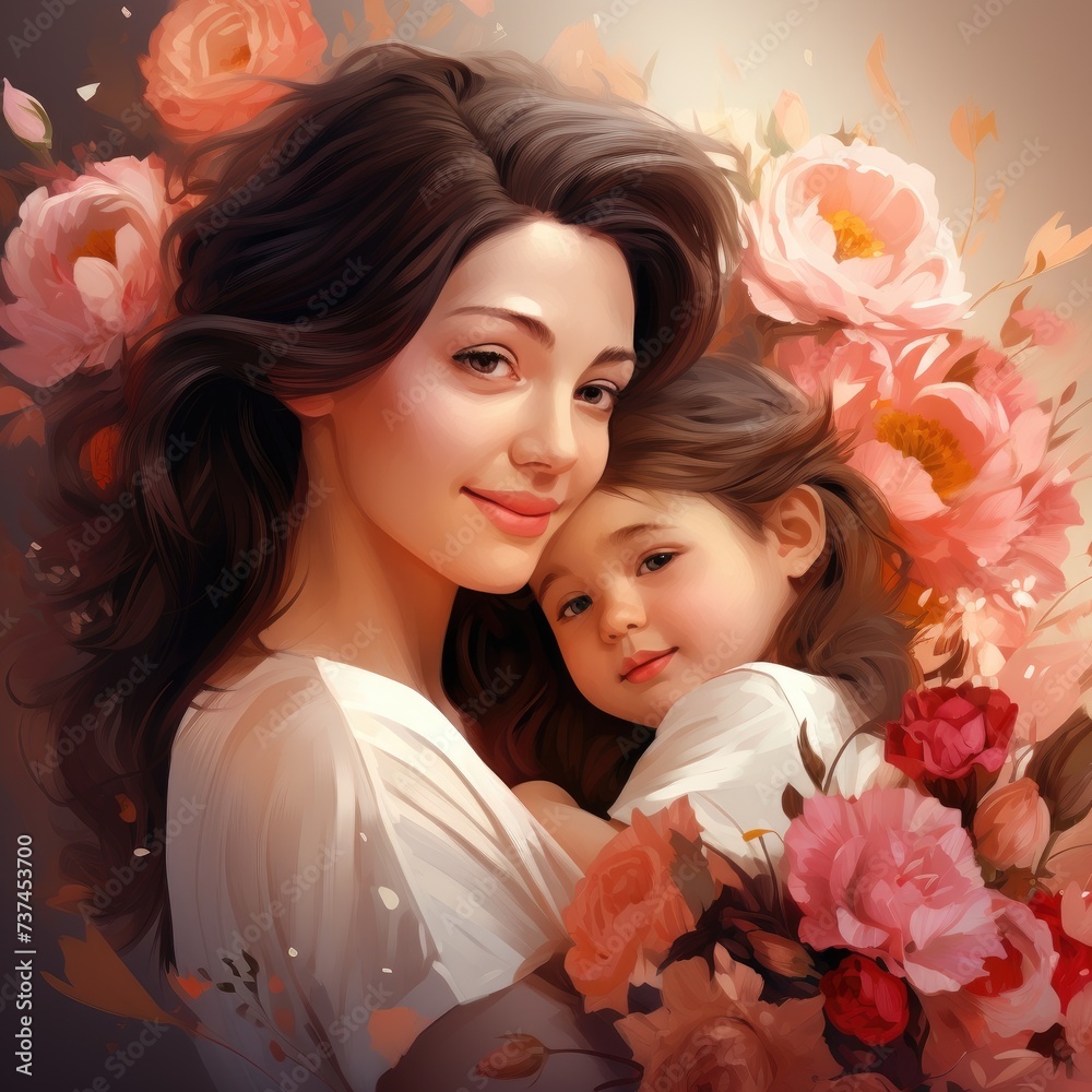 Mother holds her daughter in her arms against a background of roses.