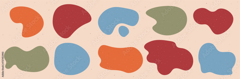 A set of abstract bounded rounded liquid blob shapes. Irregular design elements with retro texture. Vector contemporary illustration .