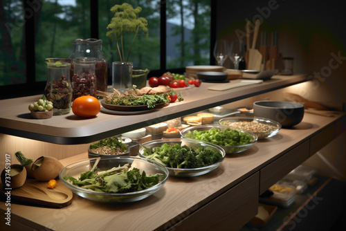 A minimalist kitchen with innovative storage solutions  emphasizing simplicity and elegance in the culinary workspace.