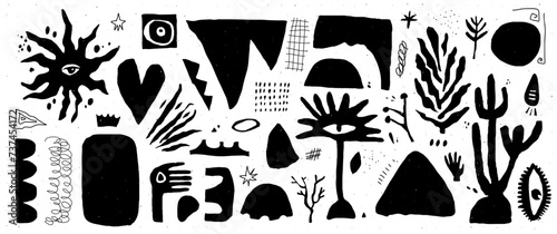 Doodles with abstact shapes. Hand drawn scribble with plants and punk hand and leaf. Y2k trendy zin art. Vector grunge illustration. New school