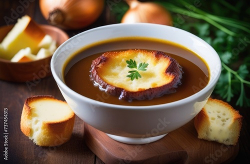 St. Patrick's Day, national Irish cuisine, traditional Irish pastries, Onion soup with Irish porter and cheese croutons, cream soup with croutons