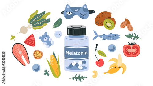 A jar of Melatonin and foods best sources it. Fruits, vegetables and fish set. Concept of sleep disorder treatment, insomnia and sleeping problems. Isolated cartoon vector illustration, flat design