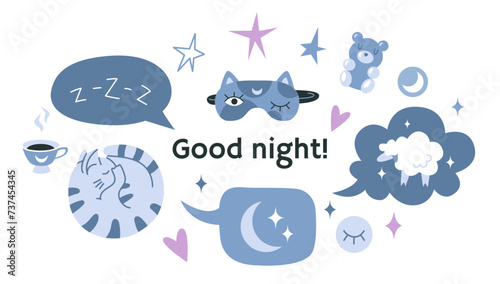 Good night banner. Healthy sleep, recovery and relaxation concept. Isolated cartoon vector illustration, flat design