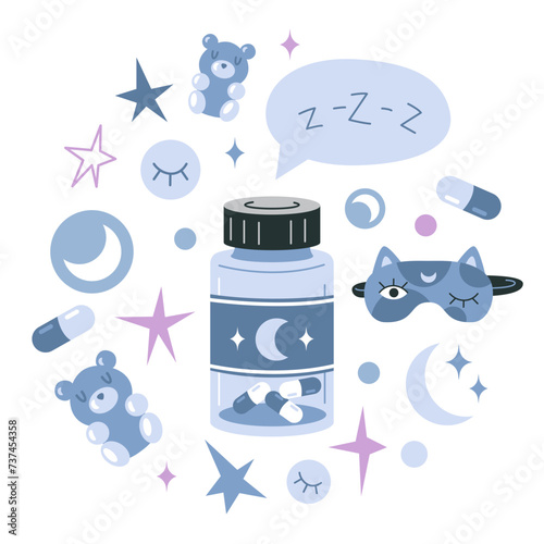 A jar of Melatonin or sleeping pills and things to help you fall asleep quickly. Healthy sleep, treatment of insomnia, circadian rhythms, rest and recovery. Isolated cartoon vector illustration, flat