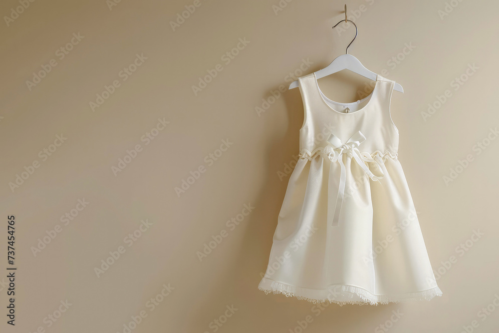 Elegant white lace dress for a baby baptism, hung on white hanger over beige soft background, sense of purity and tradition. Elegant white lace dress for a baby baptism, hung on white hanger over beige soft background, sense of purity and tradition.